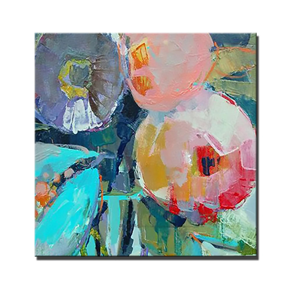 Abstract painting with colorful flowers on a white background