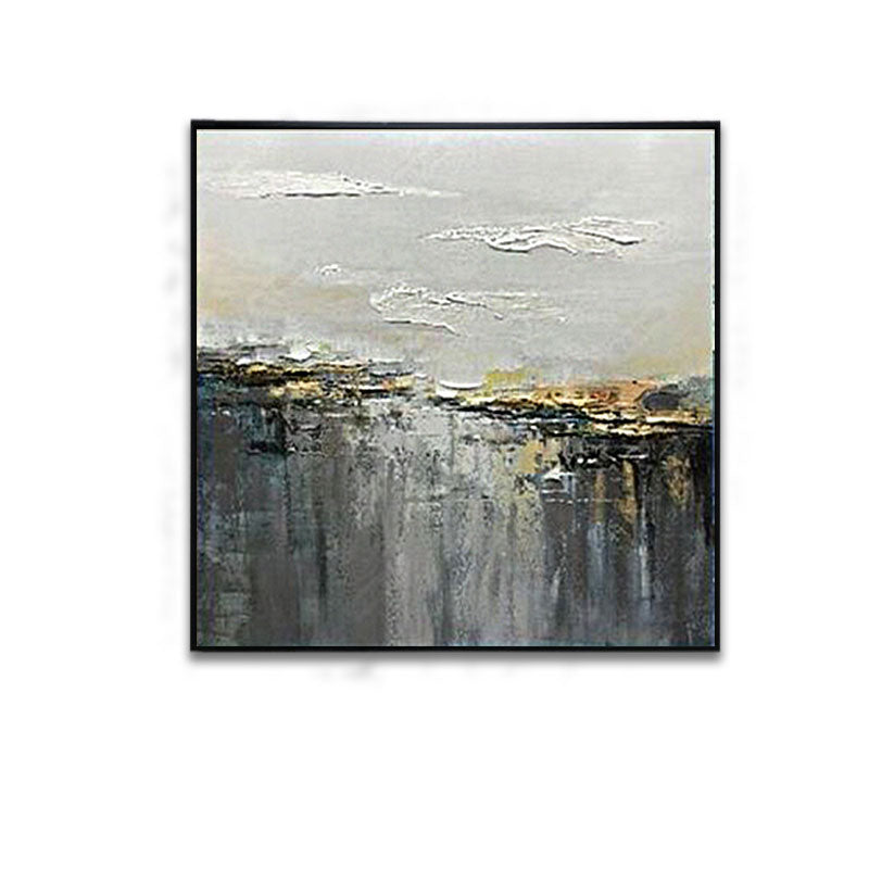 Abstract landscape painting with a black frame on a white background