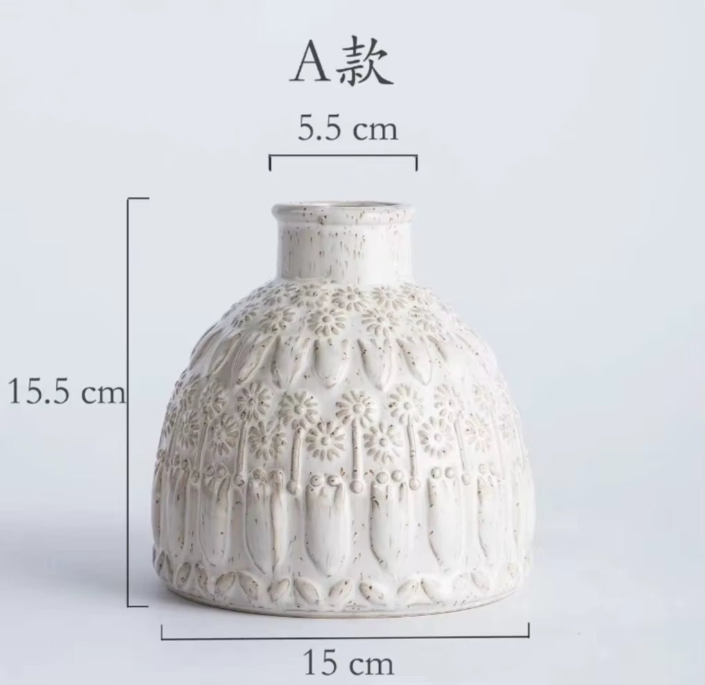 White textured vase with dimensions on a light gray background