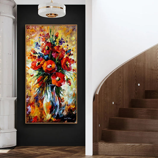 Colorful floral painting on a black wall next to a staircase