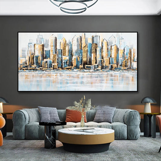 Living room with a large abstract cityscape painting on the wall.