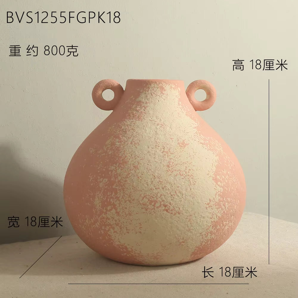 Ceramic vase with decorative handles on a neutral background