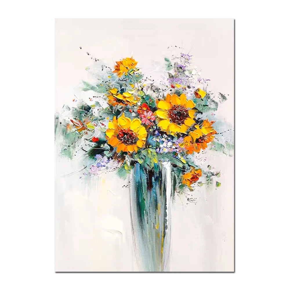 Abstract painting of sunflowers in a vase on a white background