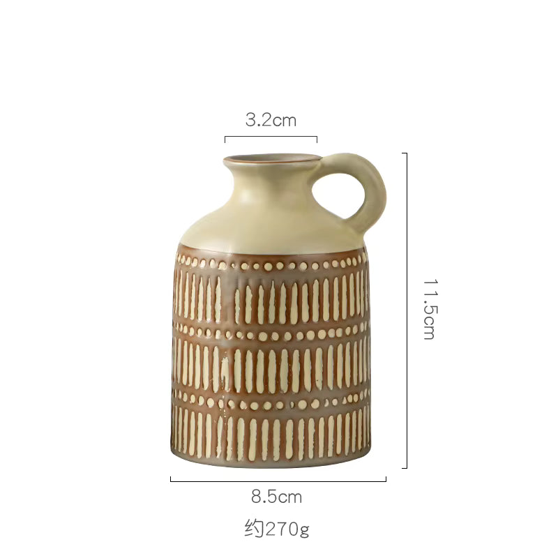 Ceramic vase with decorative patterns and measurements on a white background