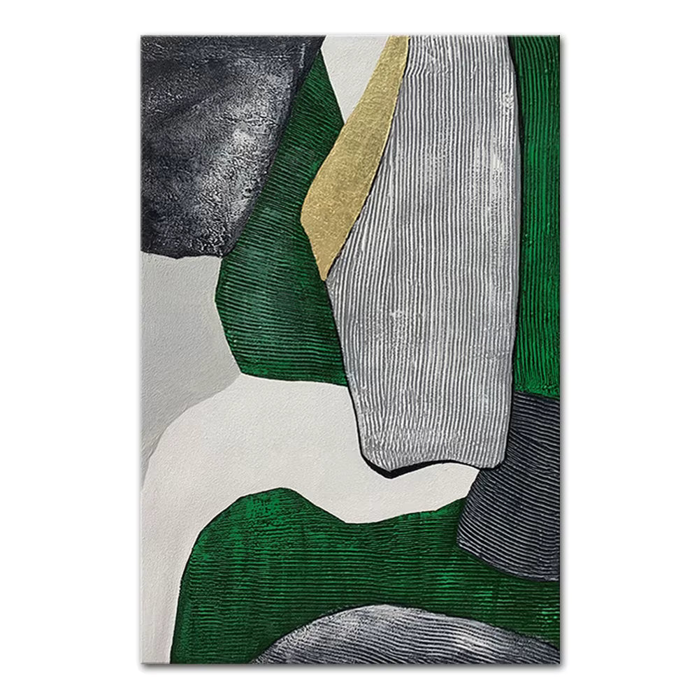 Abstract art piece with green, gray, and white colors on a white background