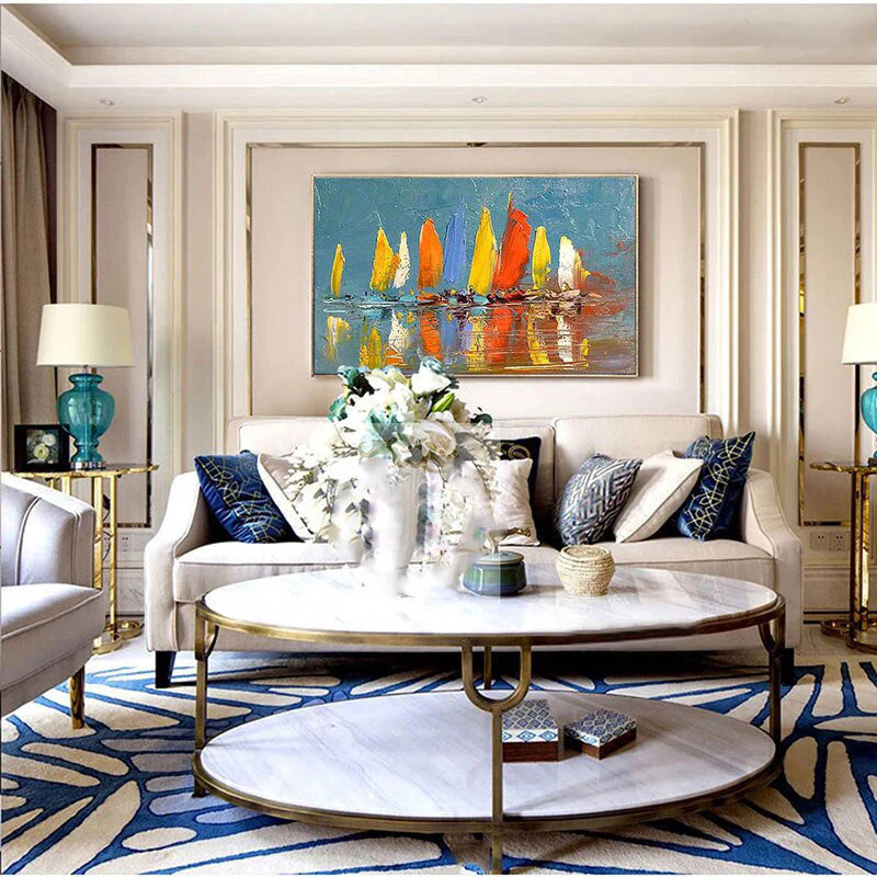 Living room with a sofa, coffee table, and colorful abstract painting on the wall.