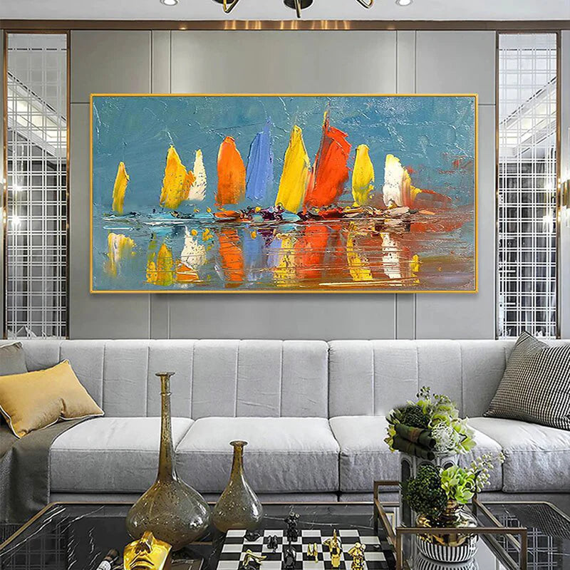 Colorful abstract painting on a wall above a gray sofa in a modern living room.