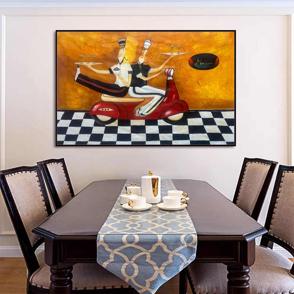 Dining room with a large abstract painting on the wall above a table set for a meal.