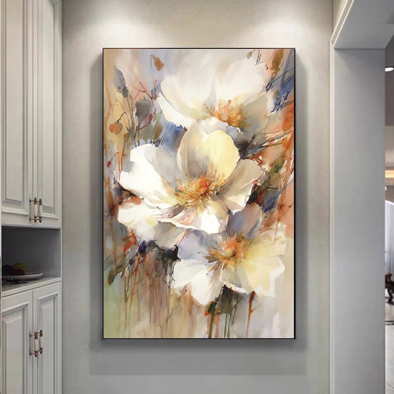 Abstract floral painting on a wall in a kitchen setting
