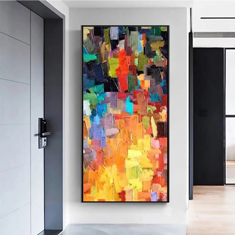 Colorful abstract painting on a wall in a modern interior setting