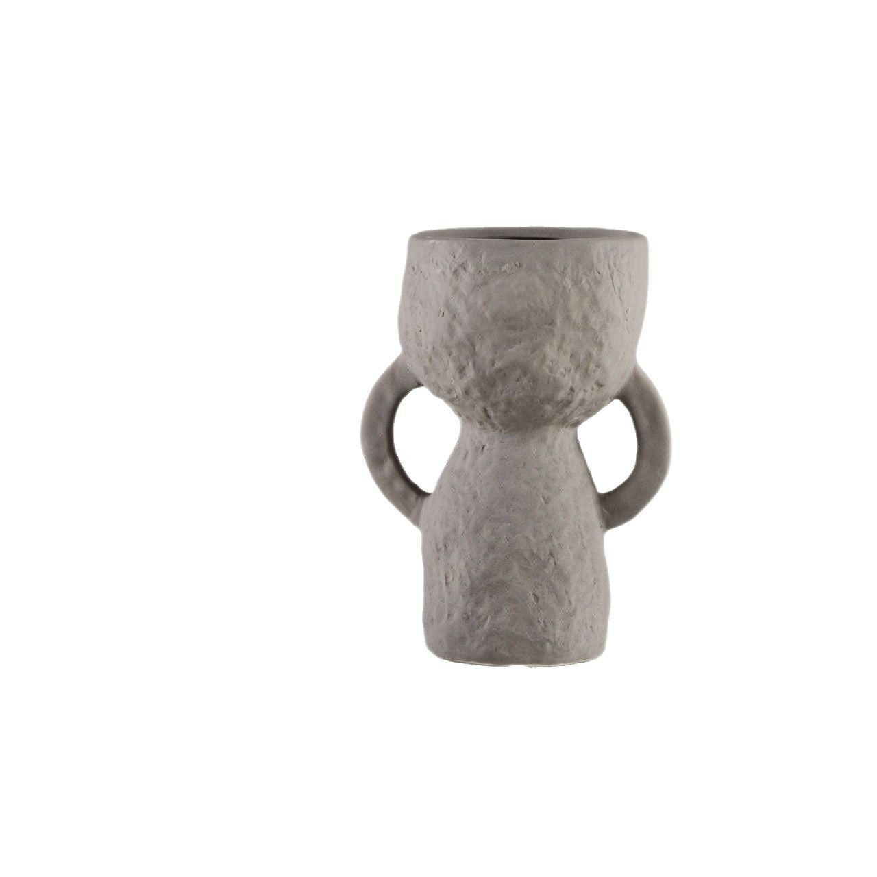 Gray textured vase with two handles on a white background
