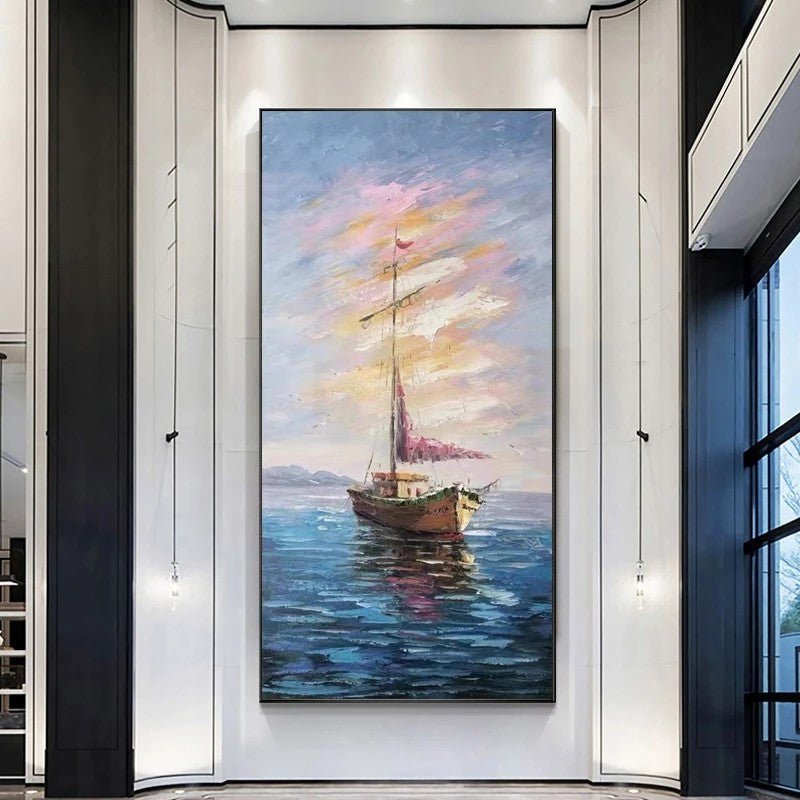 Painting of a sailboat on a wall in a modern interior setting