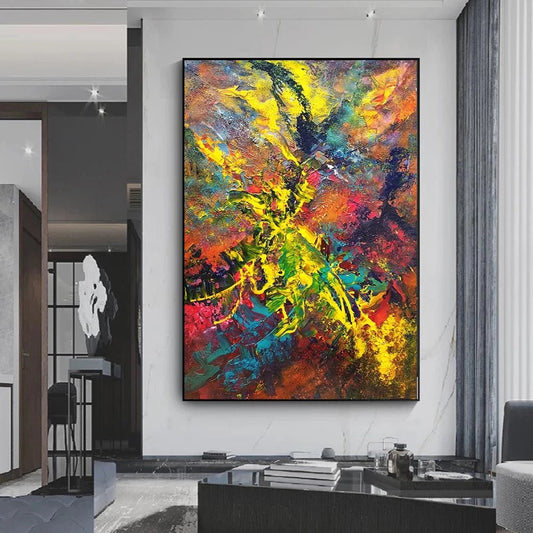 Abstract painting with vibrant colors in a modern interior setting