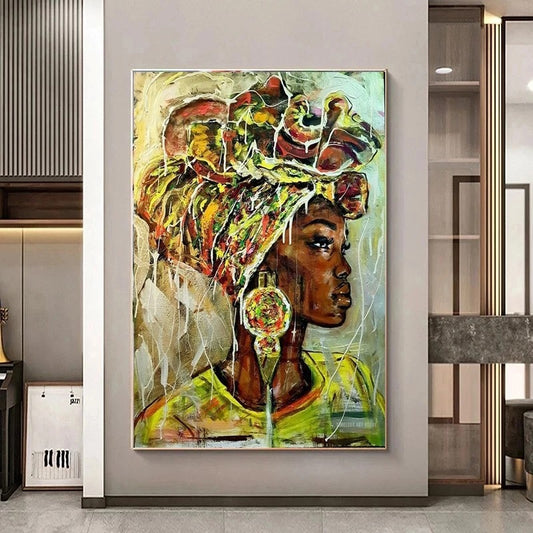 Painting of a woman with a colorful headscarf in a modern interior setting