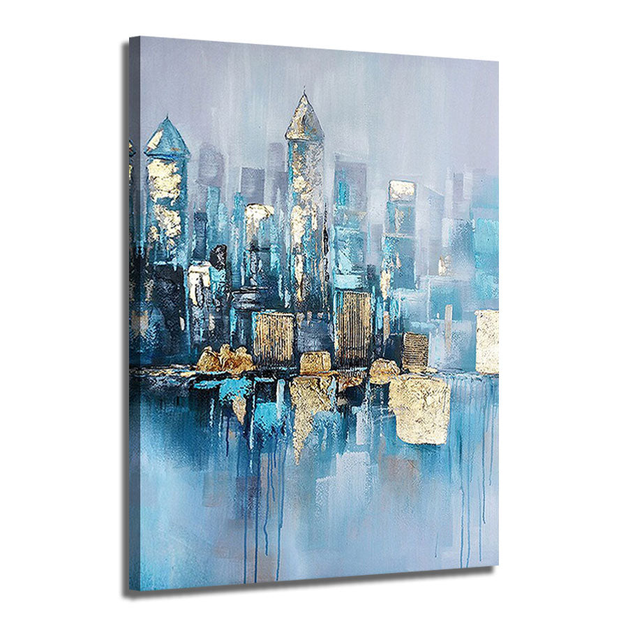 Abstract cityscape painting with blue and gold tones on a white background