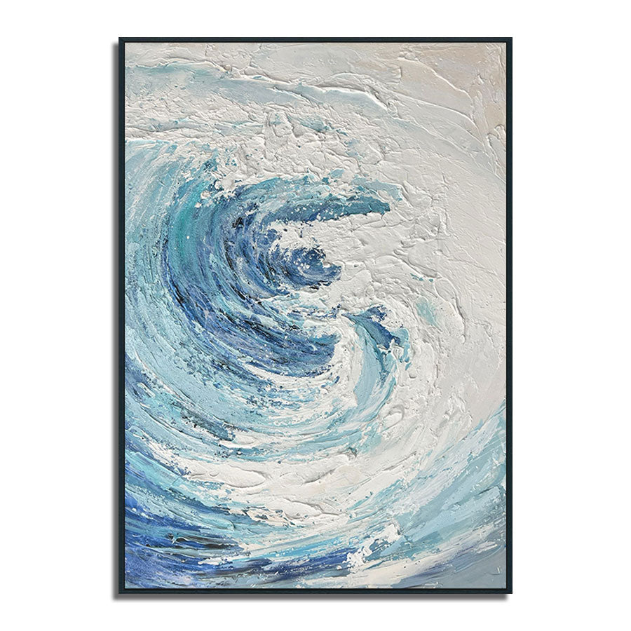 Abstract painting of swirling blue and white colors on a beige background