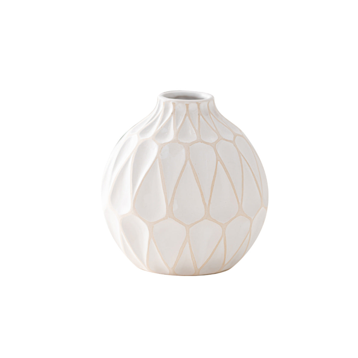 White ceramic vase with geometric pattern on a white background