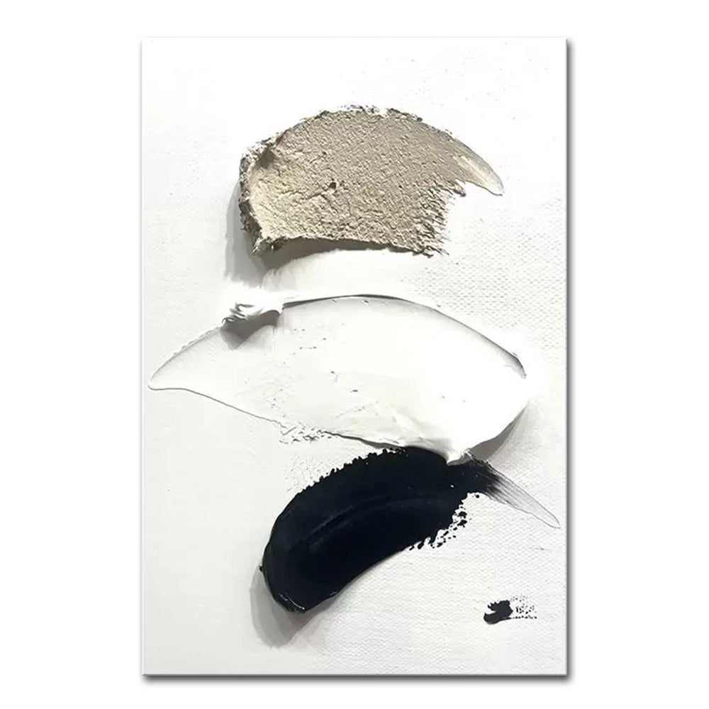 Abstract art piece with beige, white, and black brush strokes on a white background