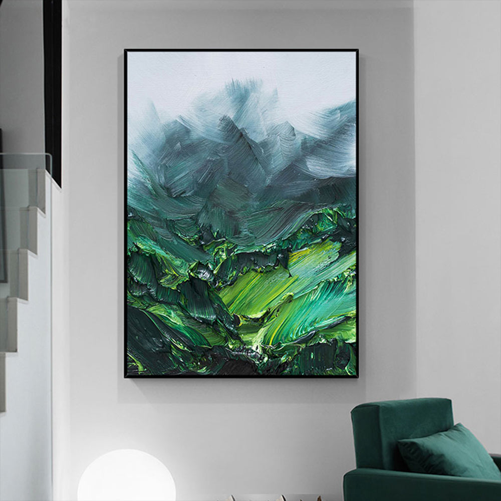 Abstract painting with green and blue tones in a modern interior setting.
