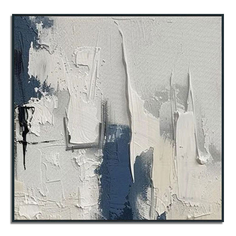 Abstract art piece with black, white, and gray colors on a textured background