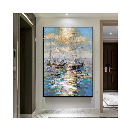 Abstract painting of a harbor scene in a modern interior setting