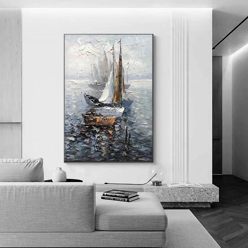 Abstract painting of sailboats on a wall in a modern living room.