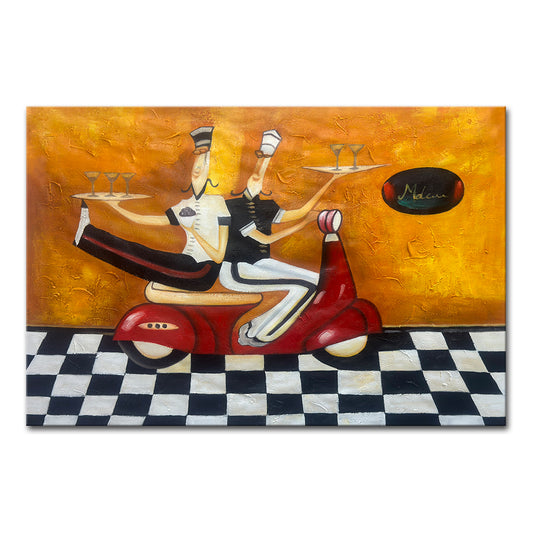 Artistic depiction of two waiters on a scooter with a checkered floor and orange background