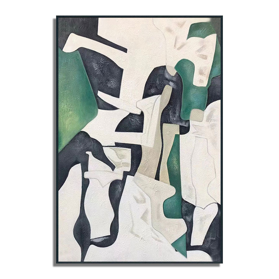 Abstract art piece with geometric shapes in black, white, and green on a white background