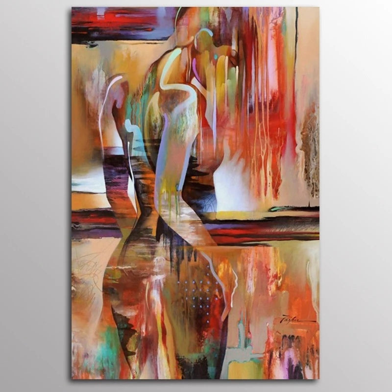 Abstract painting with vibrant colors on a gray background
