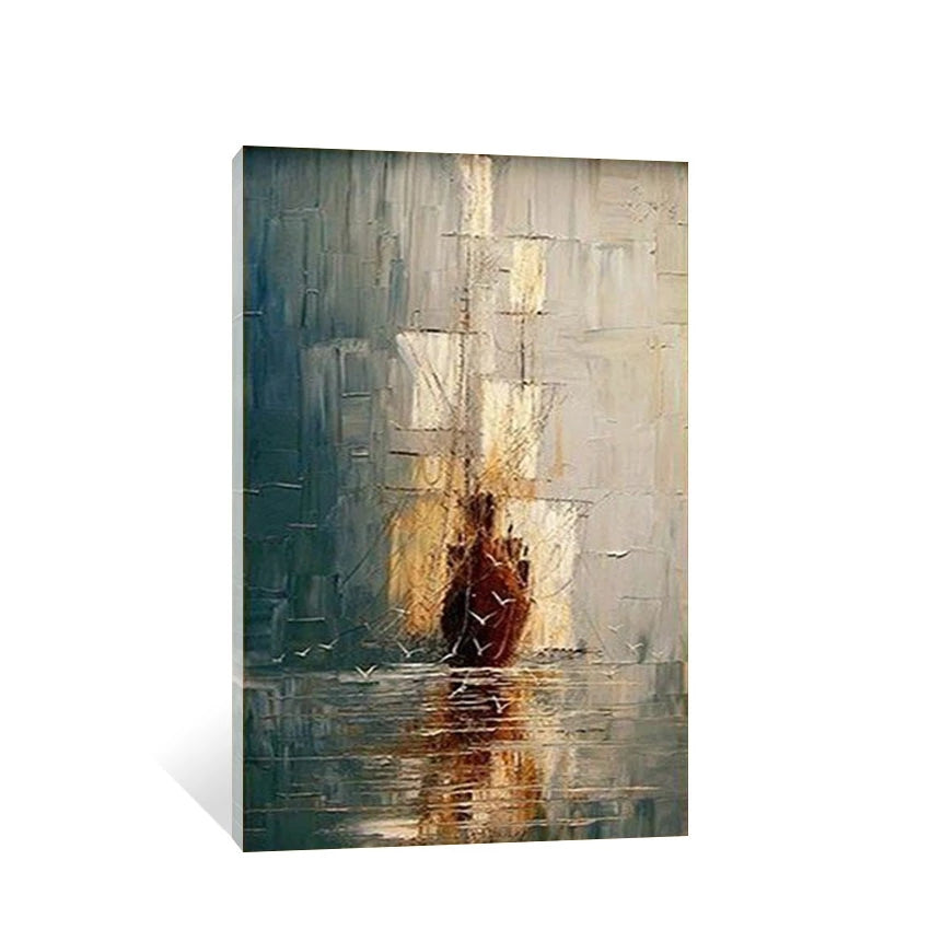 Abstract painting of a ship on water with geometric patterns