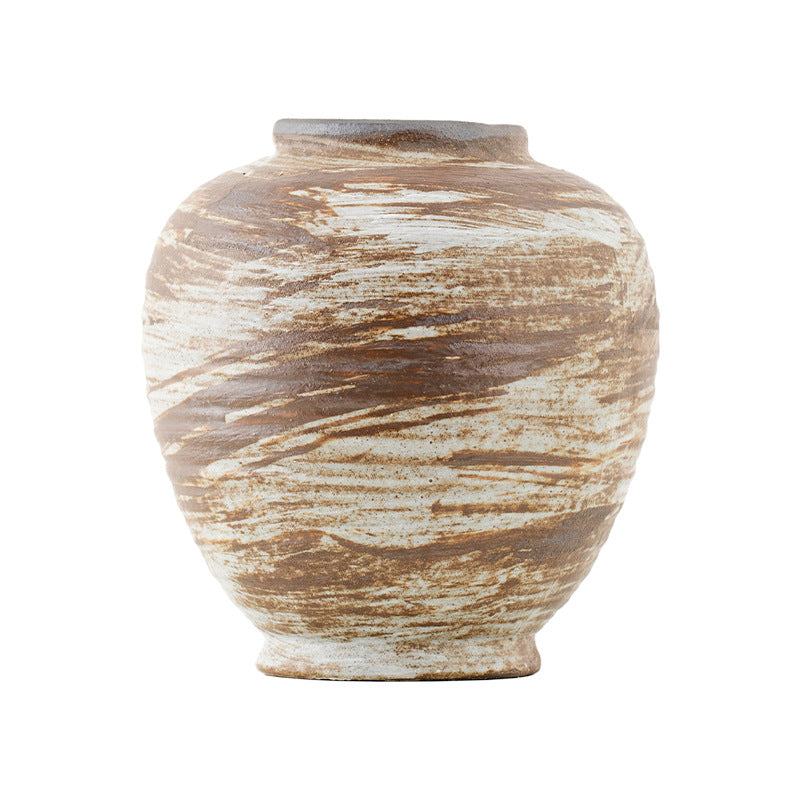 Decorative vase with brown and beige marbled pattern on a white background