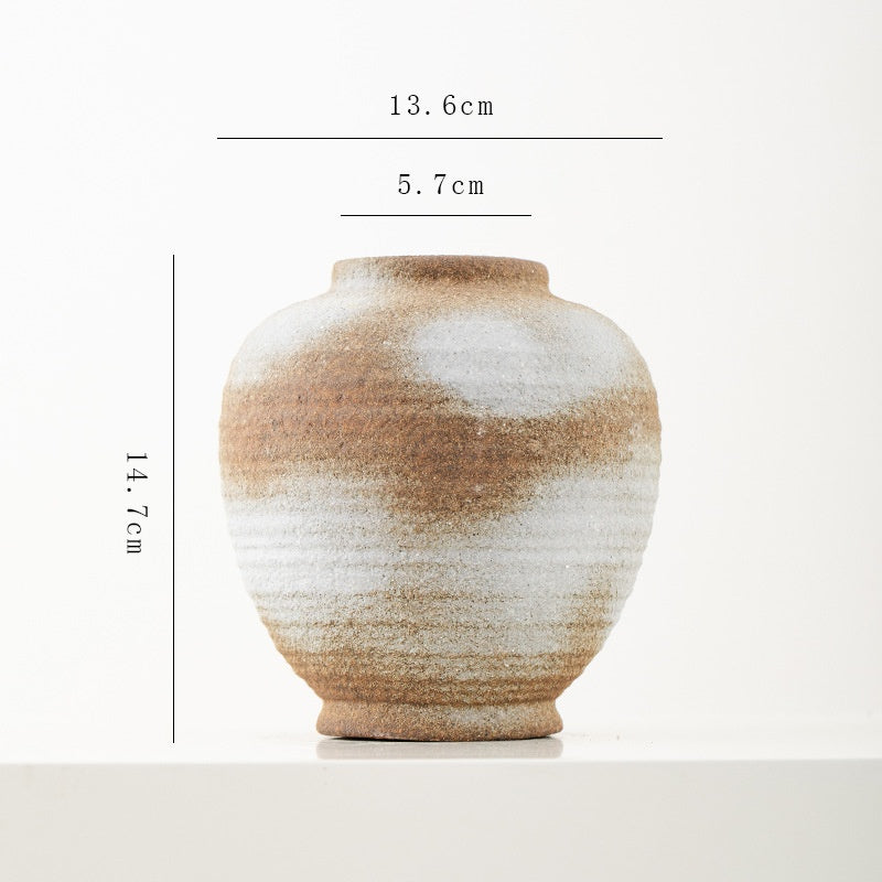 Ceramic vase with gradient color design and measurements on a white background