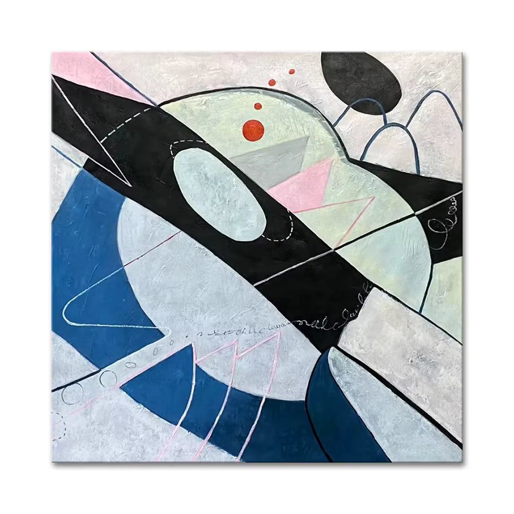 Abstract art piece with geometric shapes and colors on a white background