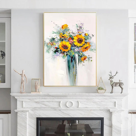 Floral painting on a white wall above a fireplace