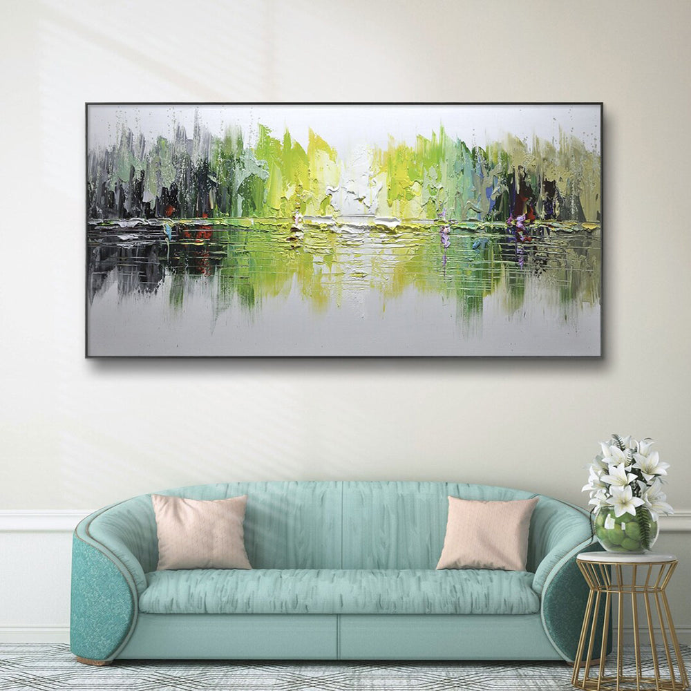 Modern living room with a large abstract painting above a light blue sofa.