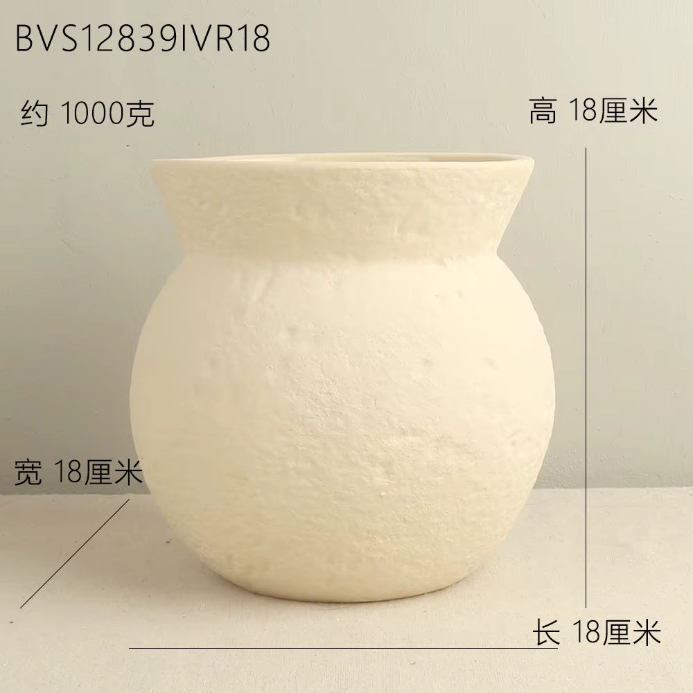 White textured vase with dimensions labeled on a gray background