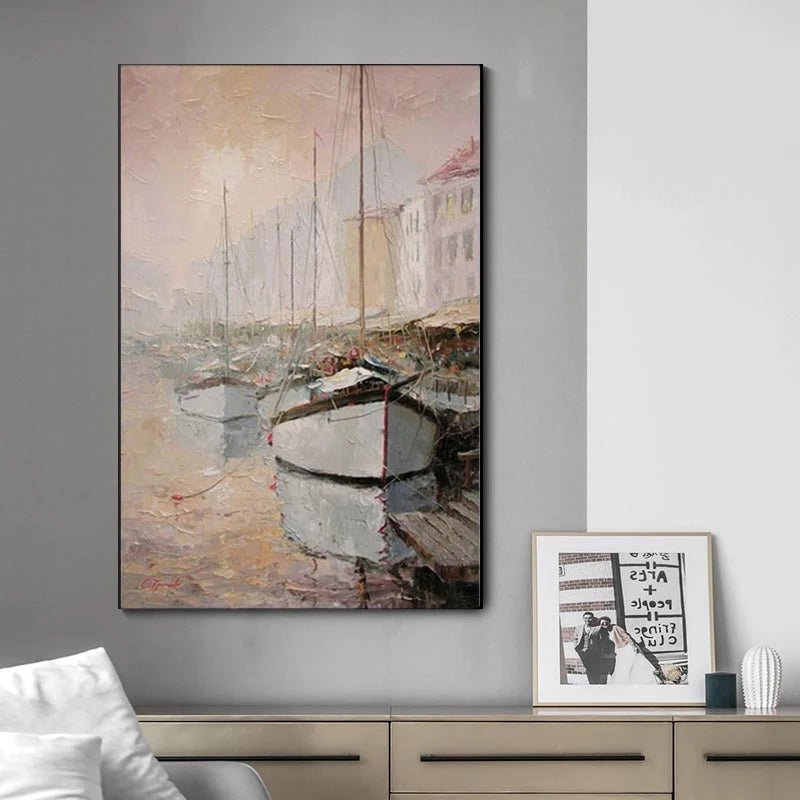 Artistic depiction of boats on a dock with a gray wall and white cabinet in the background
