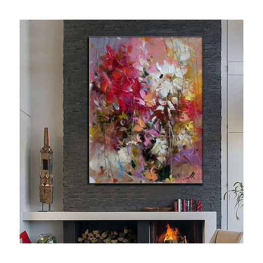 Abstract floral painting on a wall above a fireplace