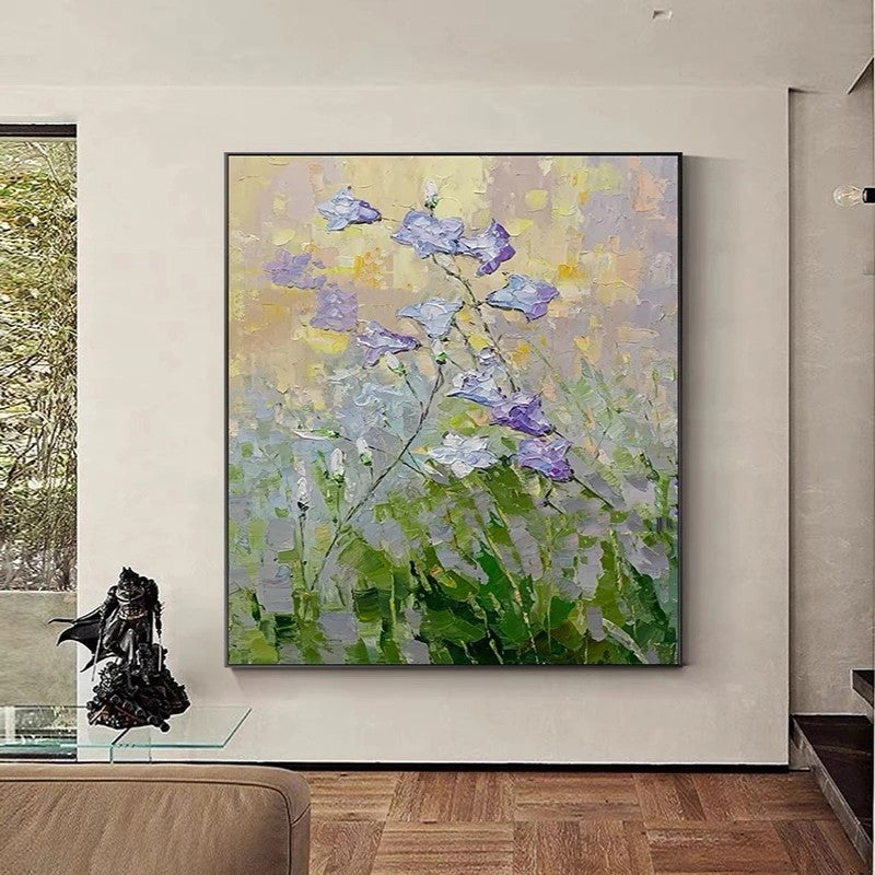 Abstract floral painting in a modern living room setting