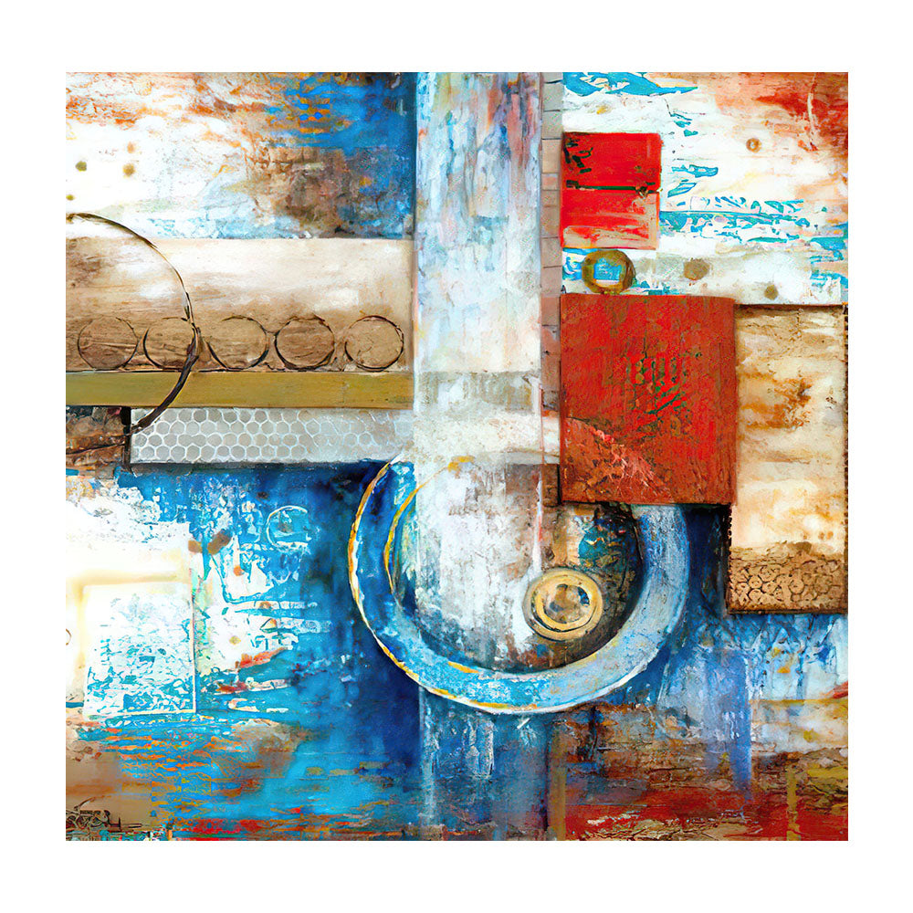 Abstract art piece with geometric shapes and a mix of colors on a white background