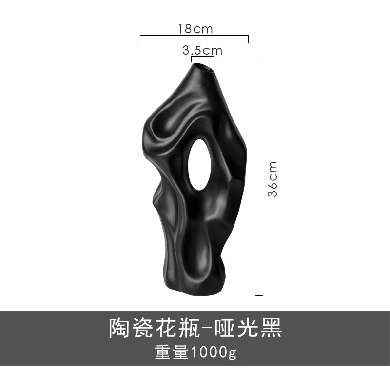Black ceramic vase with dimensions on a white background