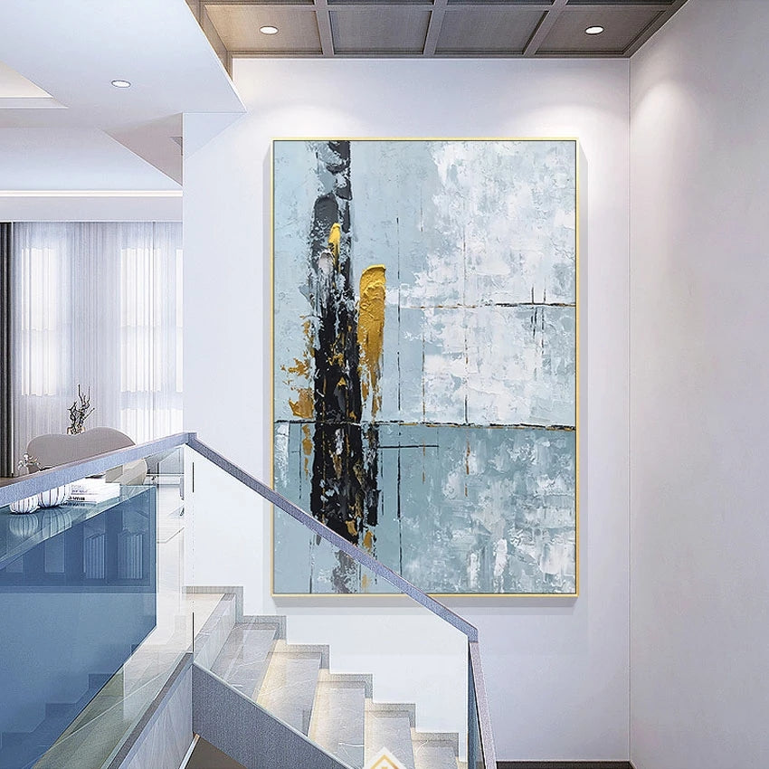 Abstract art piece on a wall in a modern interior setting