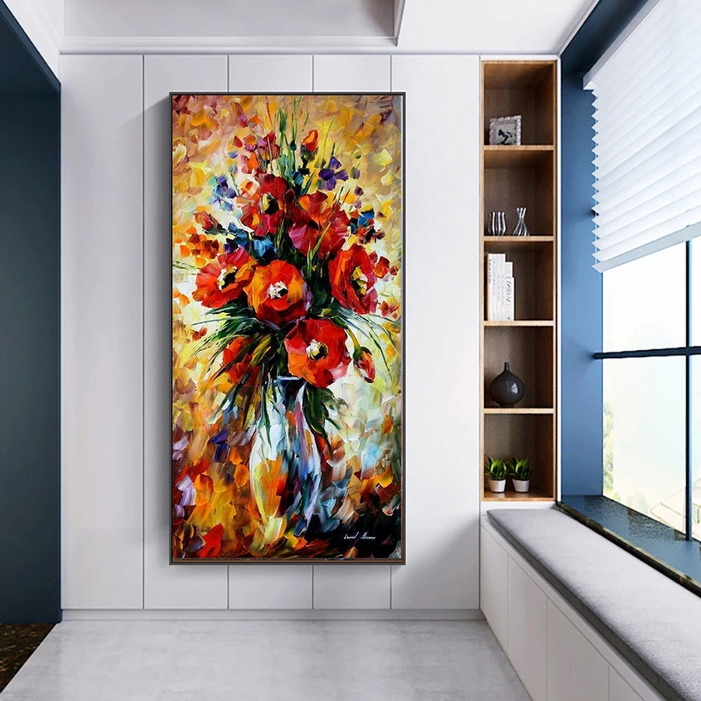 Colorful floral painting on a wall in a modern interior setting