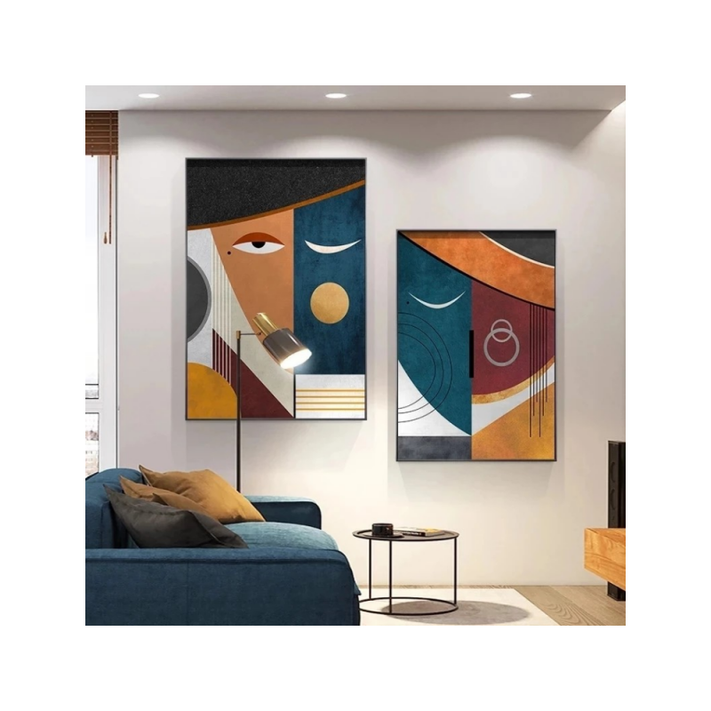 Modern living room with abstract wall art and a blue sofa.