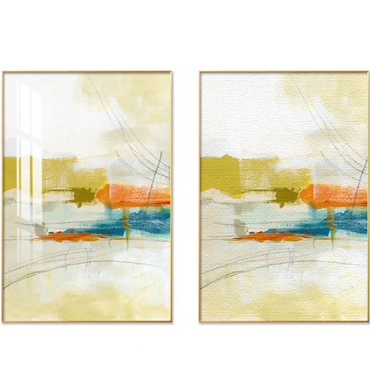 Two abstract art pieces with orange, blue, and yellow colors on a white background.