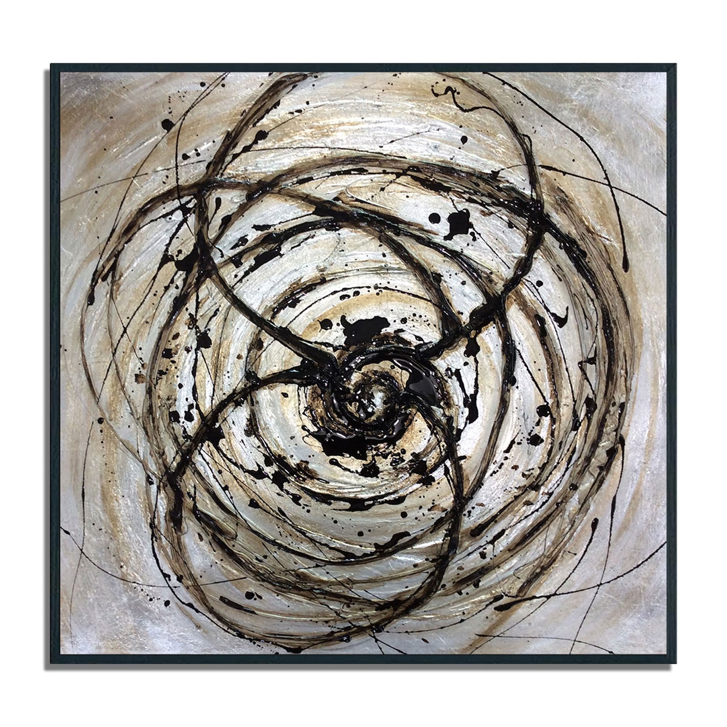 Abstract art piece with concentric circles in black and brown on a beige background