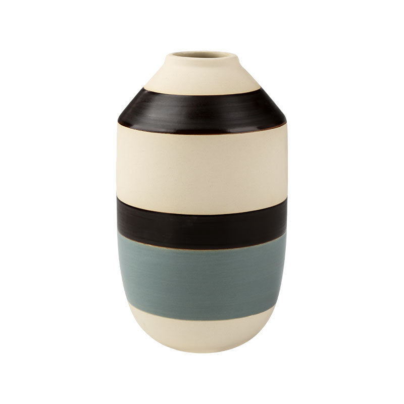 Decorative vase with black and beige stripes on a white background