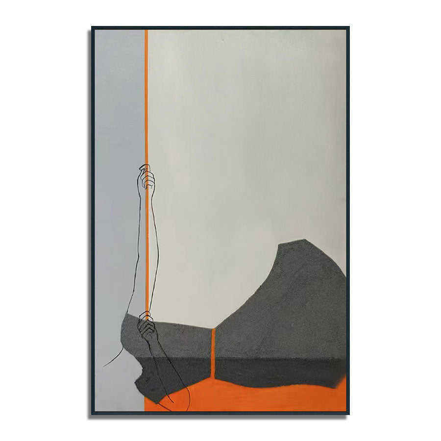 Abstract art print with a hand holding a vertical line against a gray and orange background