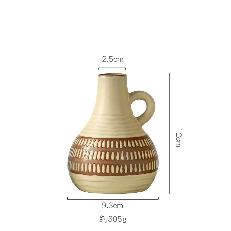 Beige ceramic vase with brown patterns and measurements on a white background