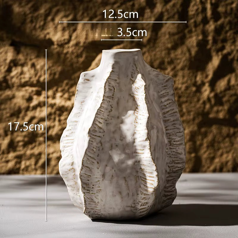 Decorative vase with measurements against a textured brown background